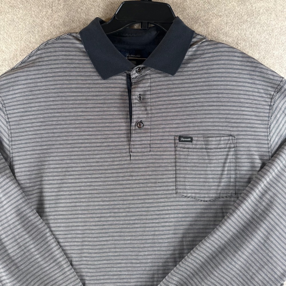 Faconnable Long Sleeve Polo XXL Navy‎ Grey Striped Cotton Pocket Shirt 640MULTI2